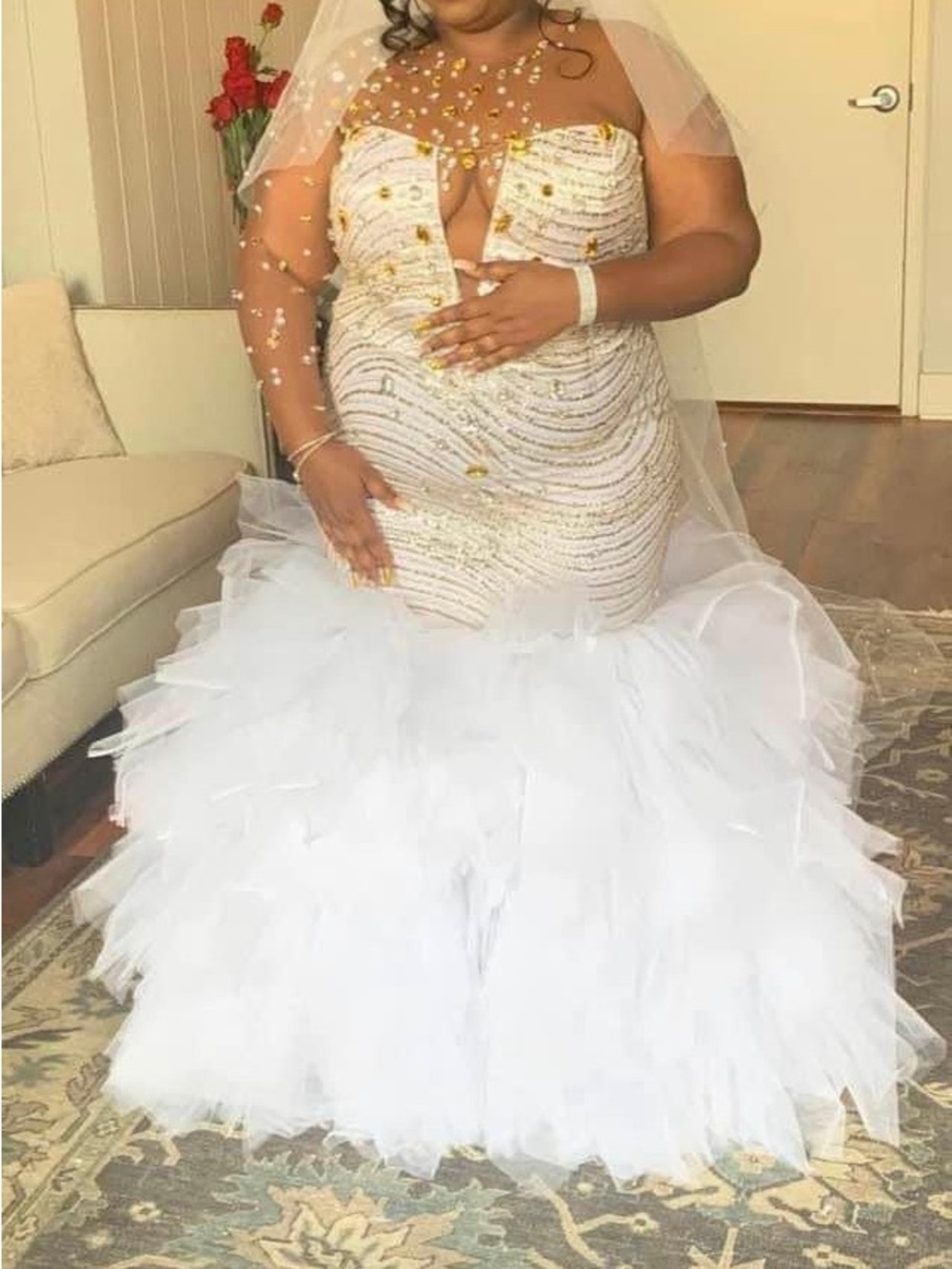 Plus-Size White Mermaid Wedding Dress with Gold Beaded Accents